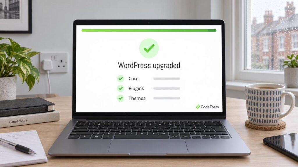 Laptop showing a completed WordPress upgrade service with core, plugins and themes all updated