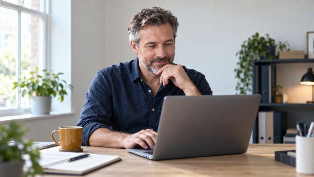 Small business owner calmly checking their website for PHP2Shell vulnerability