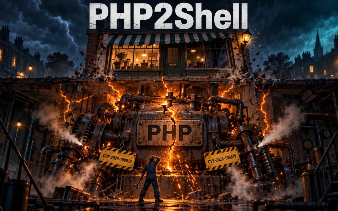 Illustrated shop above a failing PHP engine, warning tags show PHP2Shell vulnerability