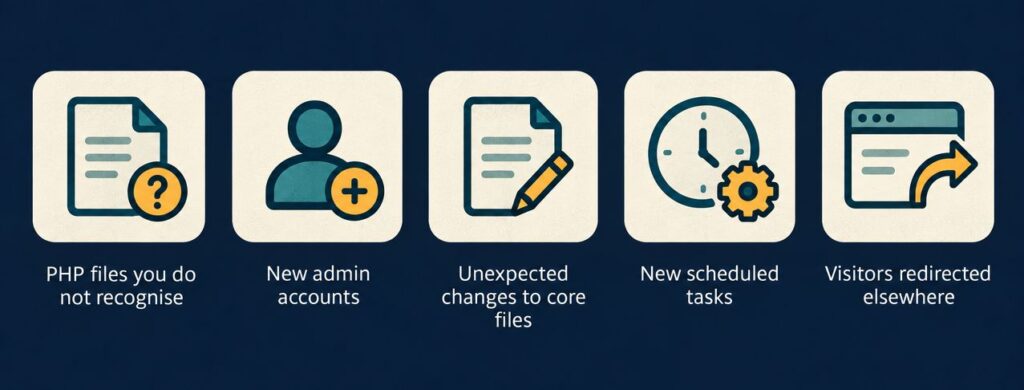 Five matching icons showing warning signs of a hacked website