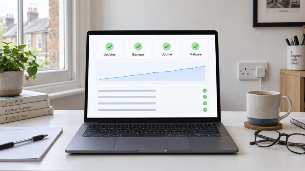 Website care plan dashboard showing updates, backups, uptime monitoring and malware scanning