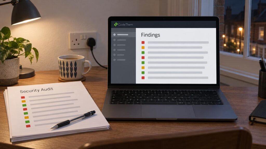 Website security audit report on screen and in print, with findings ranked red, amber and green